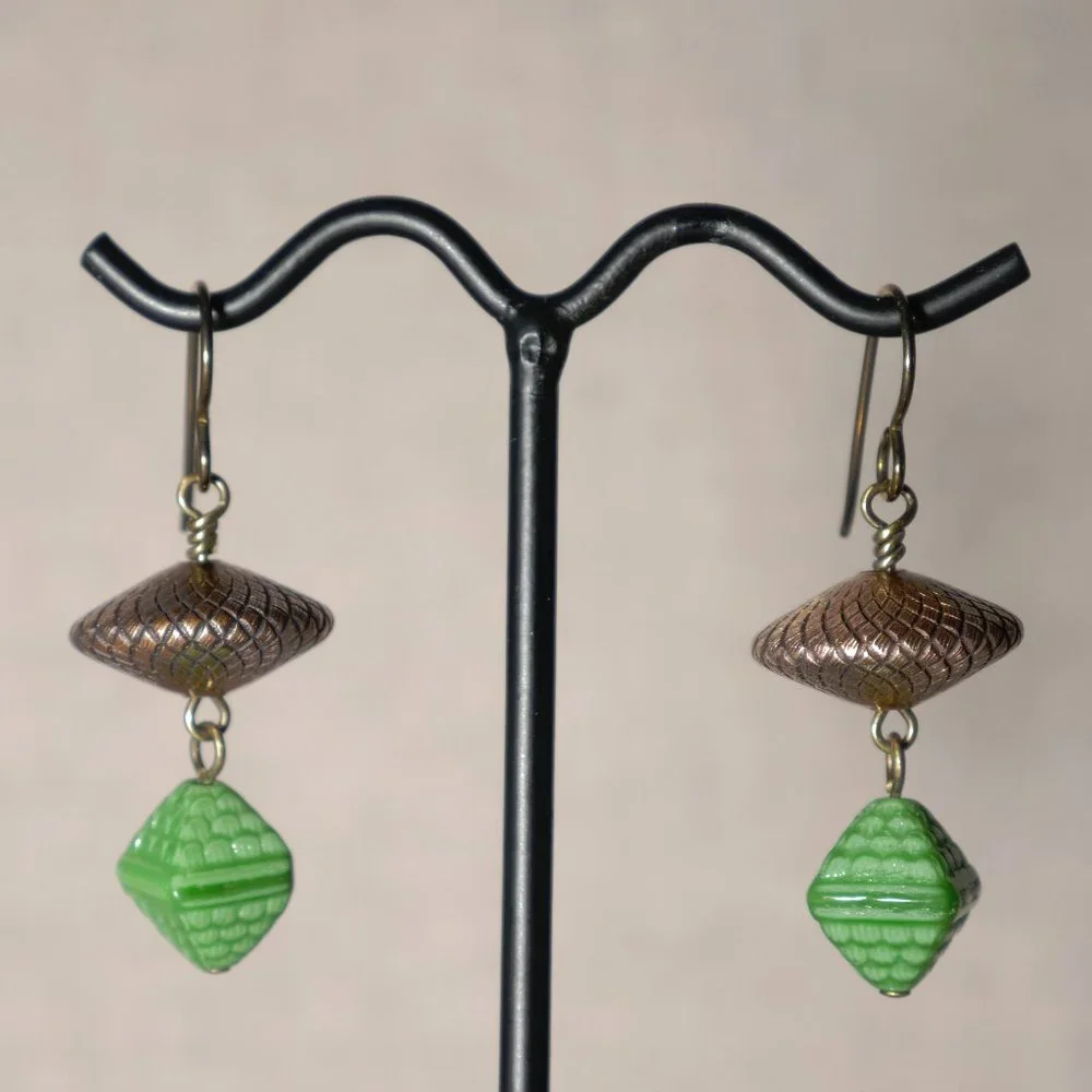Hand Crafted Handmade Earrings Green Czech Glass Geometric Long Earrings - Picture 2 of 4
